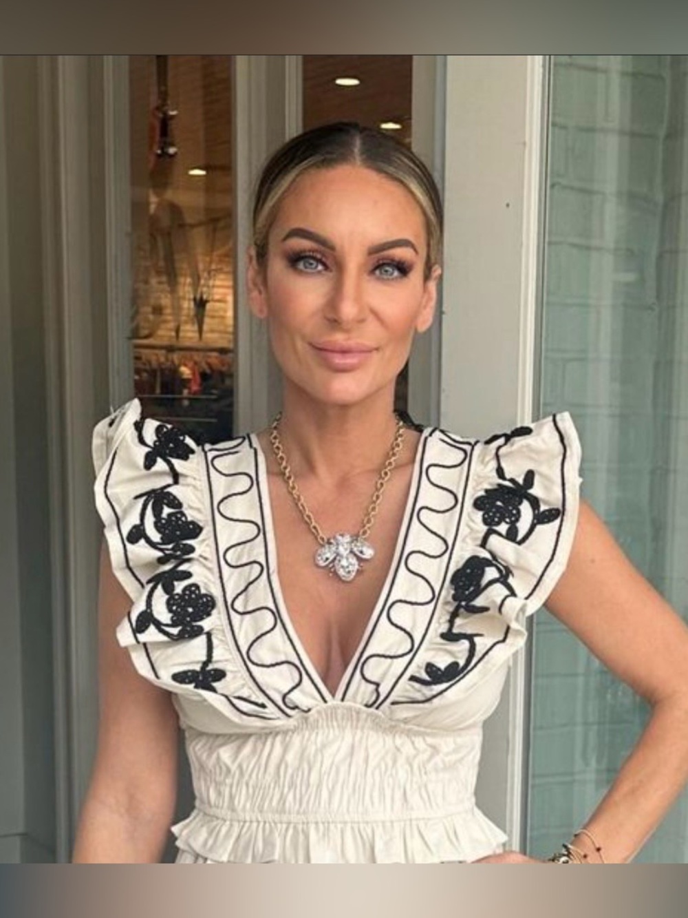 V-neck Ruffle Cream Embroidered Top
